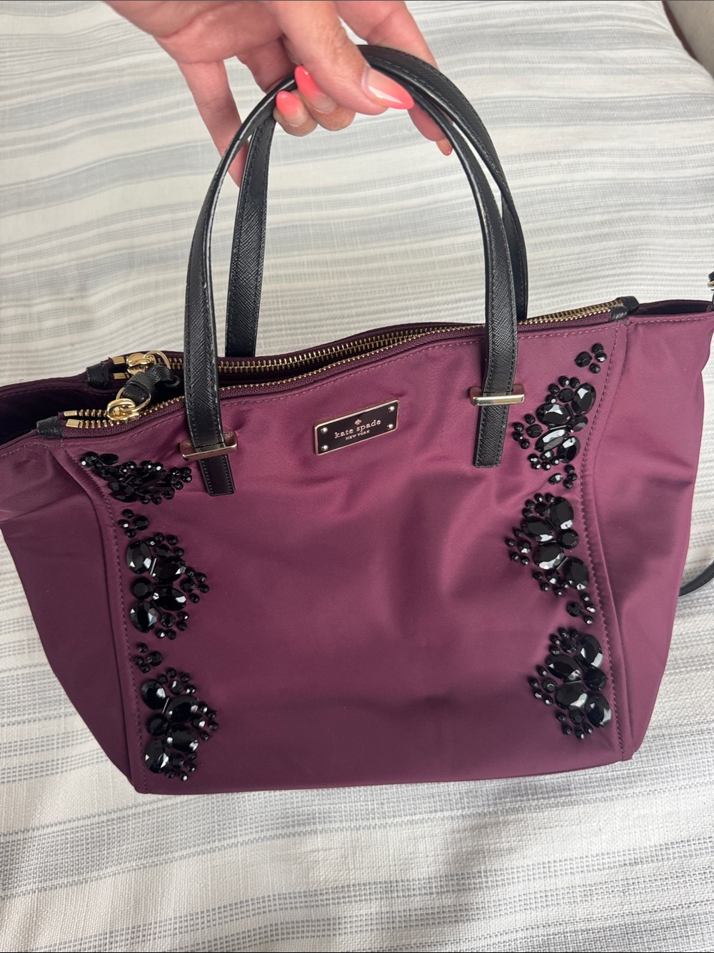 kate spade plum tote with black handles and jeweled accents - Picture 3 of 6